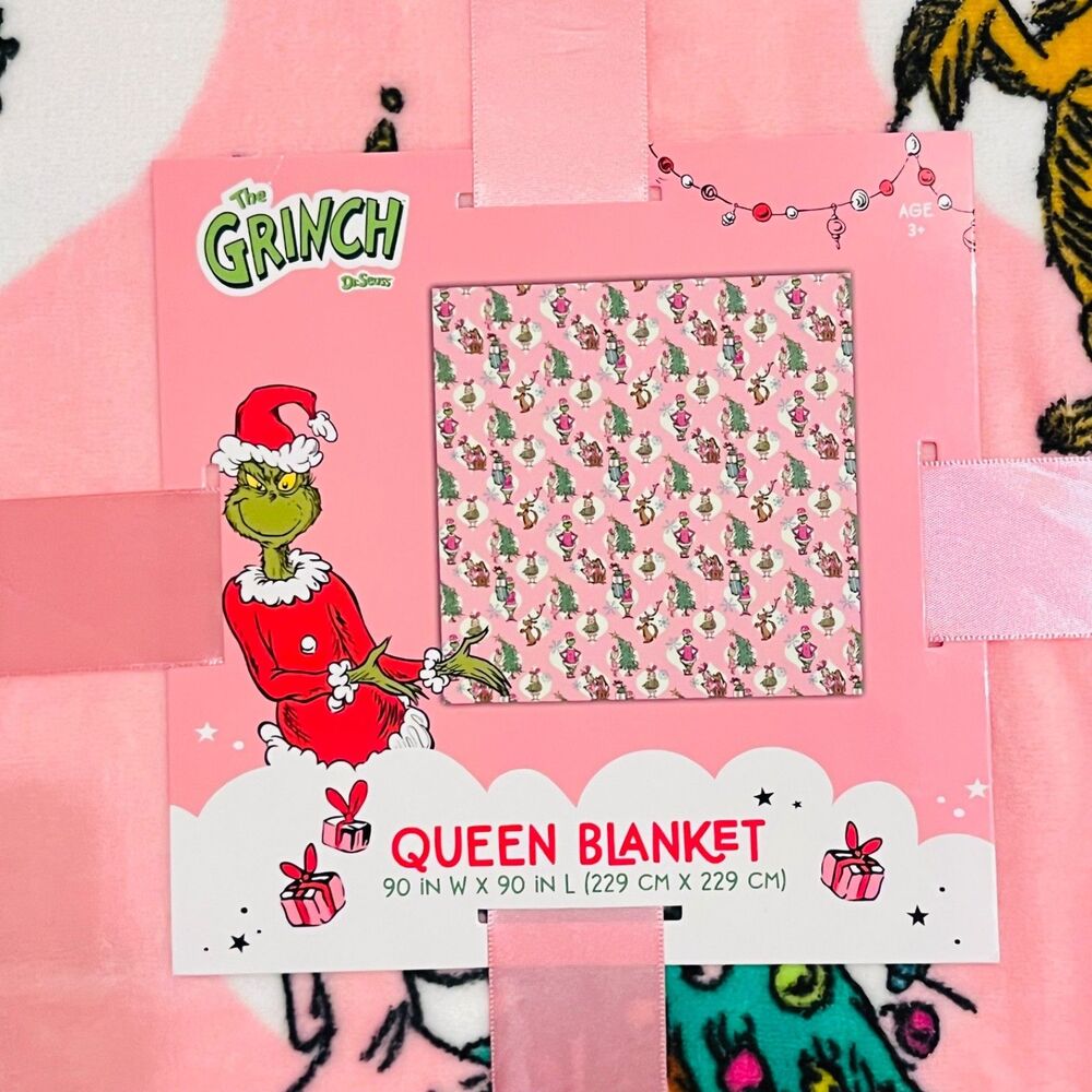 NWT Christmas Dr Seuss Grinch & Max Pink Tree Plush Queen Throw Blanket 90x90"